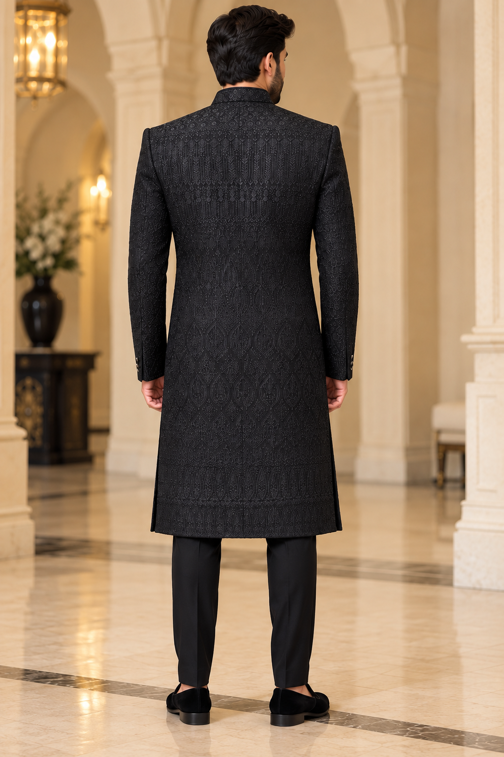 Luxury Black Open-Style Embroidered Sherwani Set
