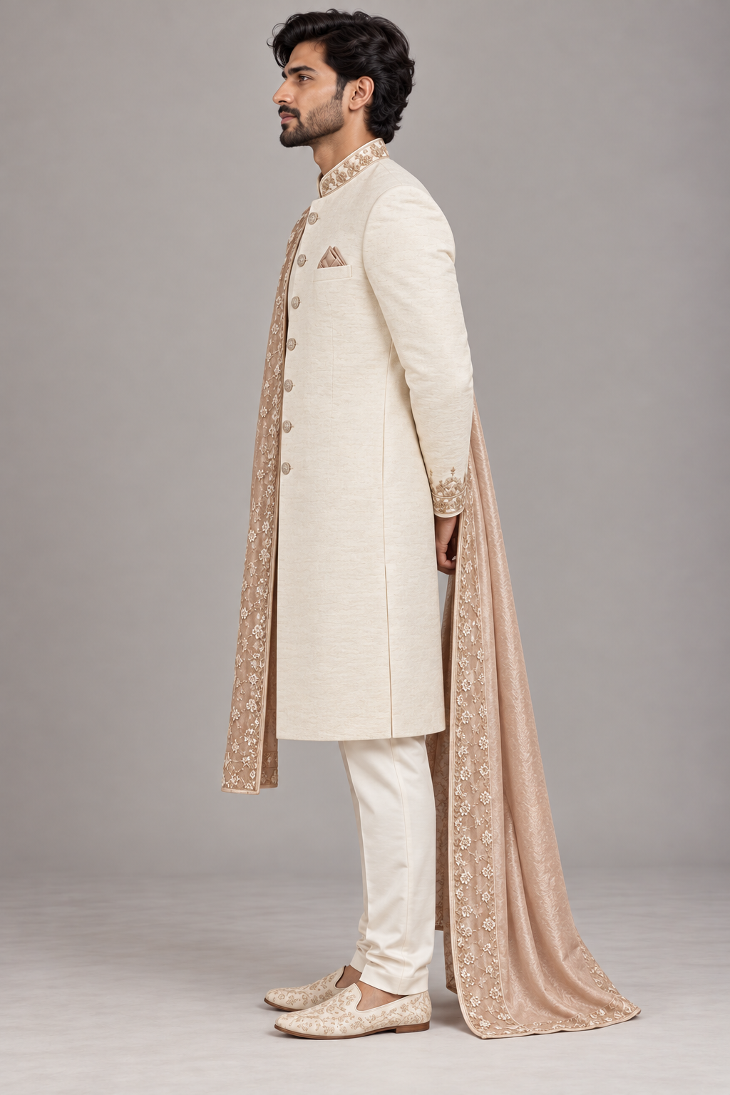 Royal Ivory Sherwani with Blush Pink Shawl