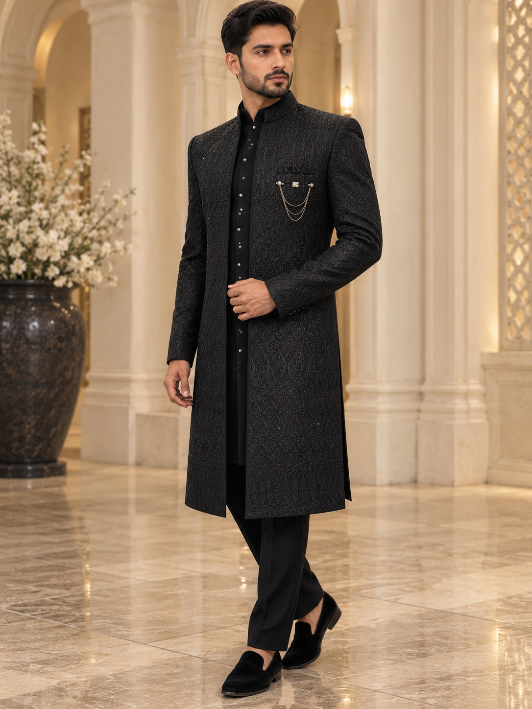 Luxury Black Open-Style Embroidered Sherwani Set