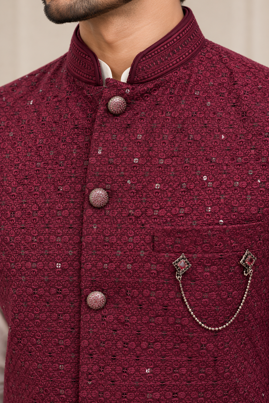 Burgundy Embroidered Men’s Waistcoat