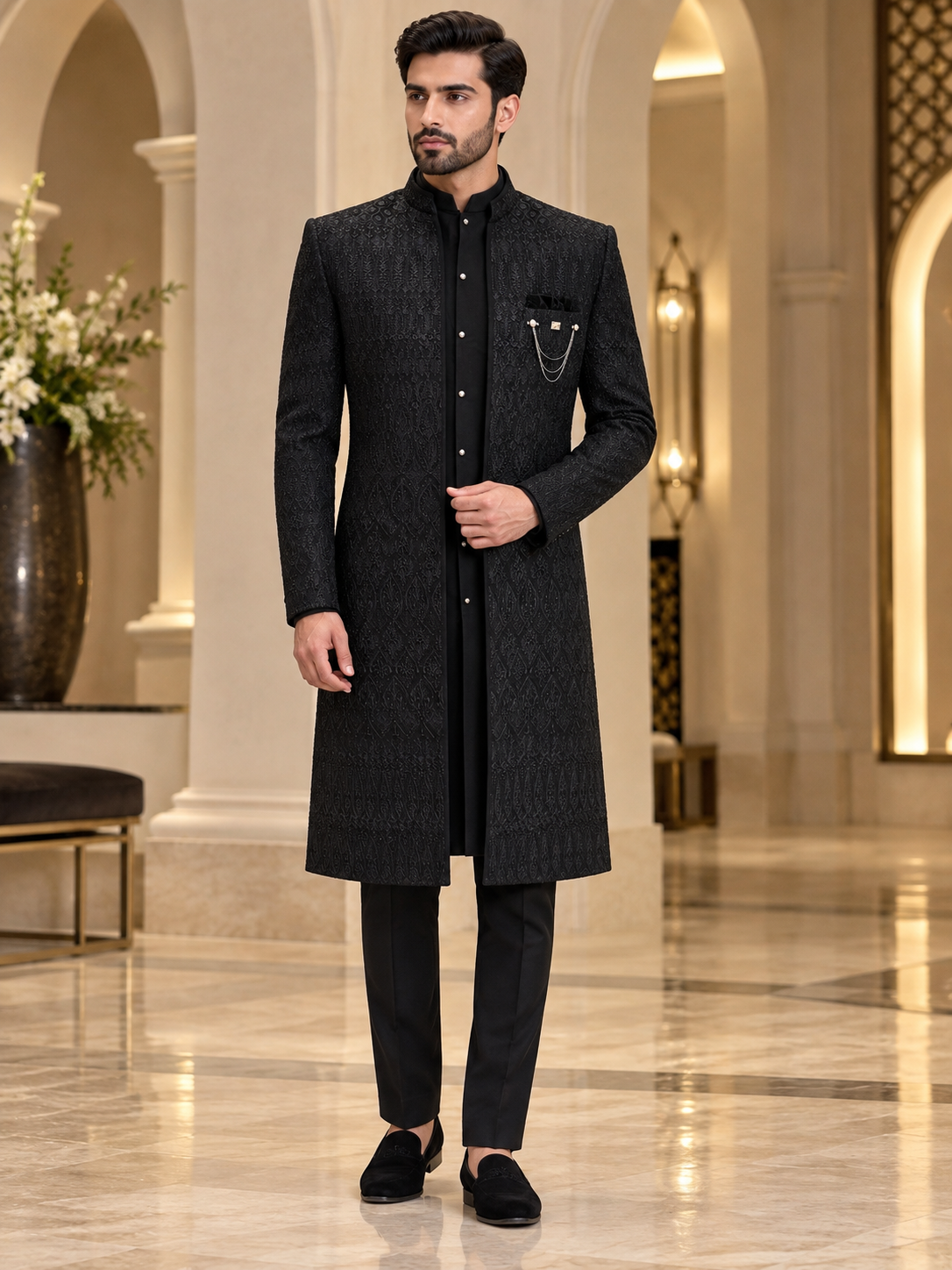 Luxury Black Open-Style Embroidered Sherwani Set