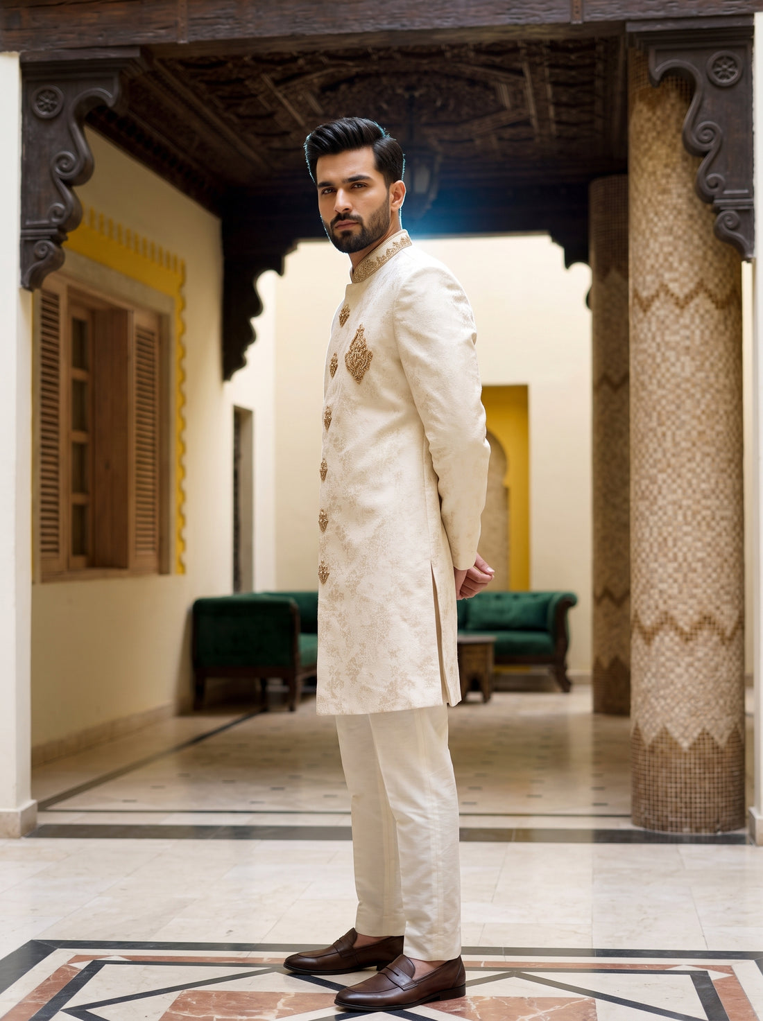 Ivory & Gold Embroidered Men’s Sherwani