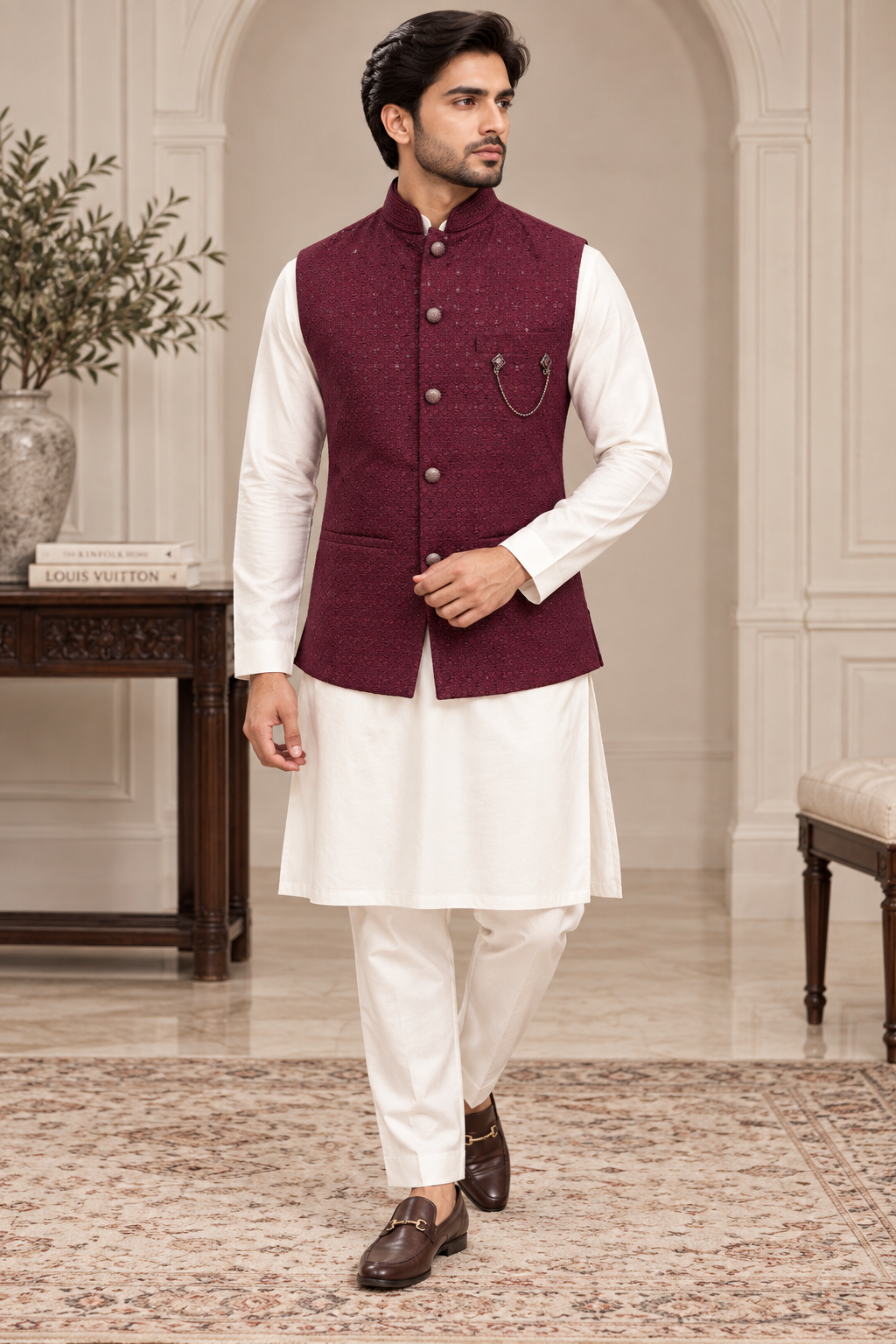Burgundy Embroidered Men’s Waistcoat