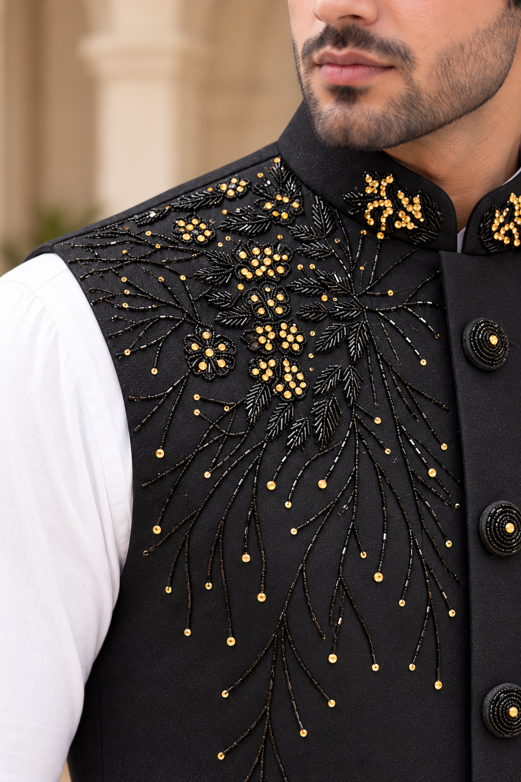 Royal Black & Gold Embellished Waistcoat