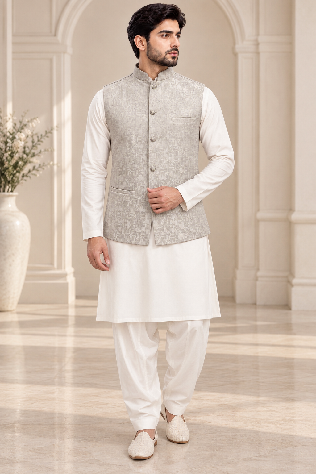 Silver Ivory Jacquard Men’s Waistcoat
