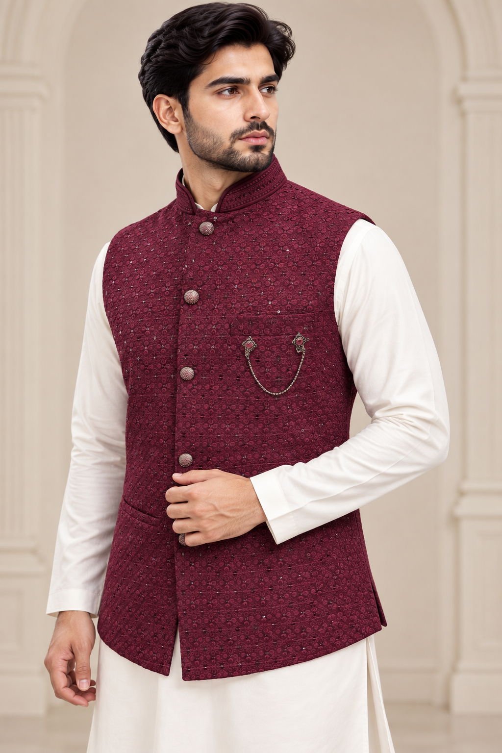 Burgundy Embroidered Men’s Waistcoat