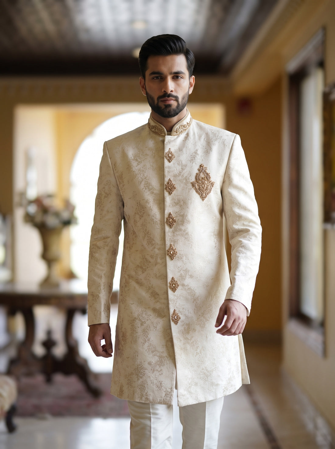 Ivory & Gold Embroidered Men’s Sherwani