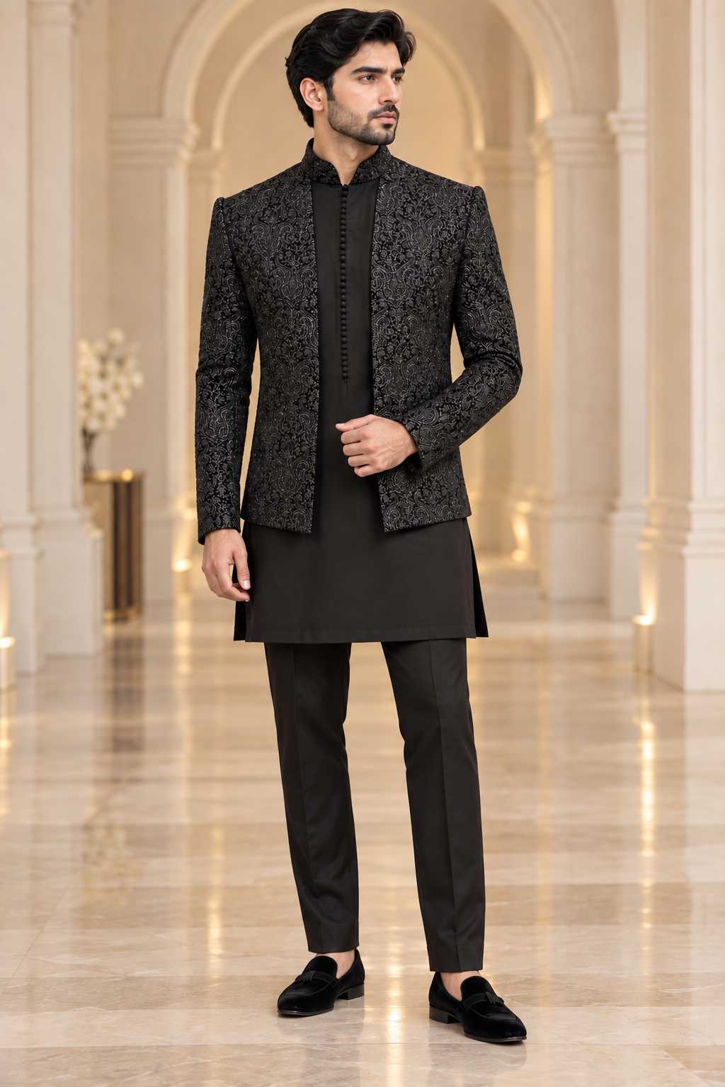 Royal Black Collarless Jacket with Matching Kurta Pyjama