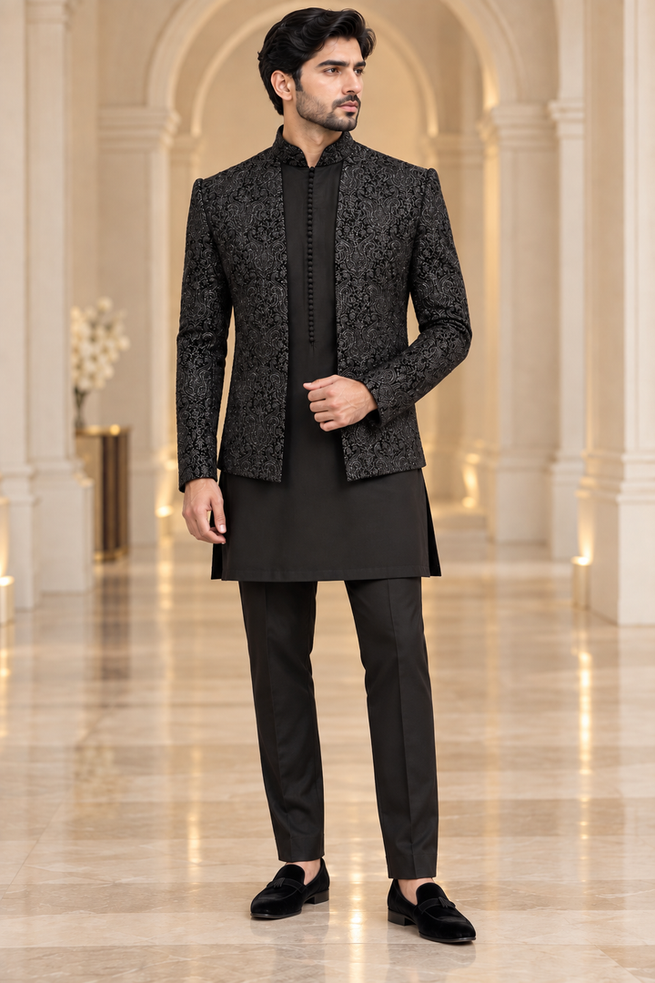 Royal Black Collarless Jacket with Matching Kurta Pyjama