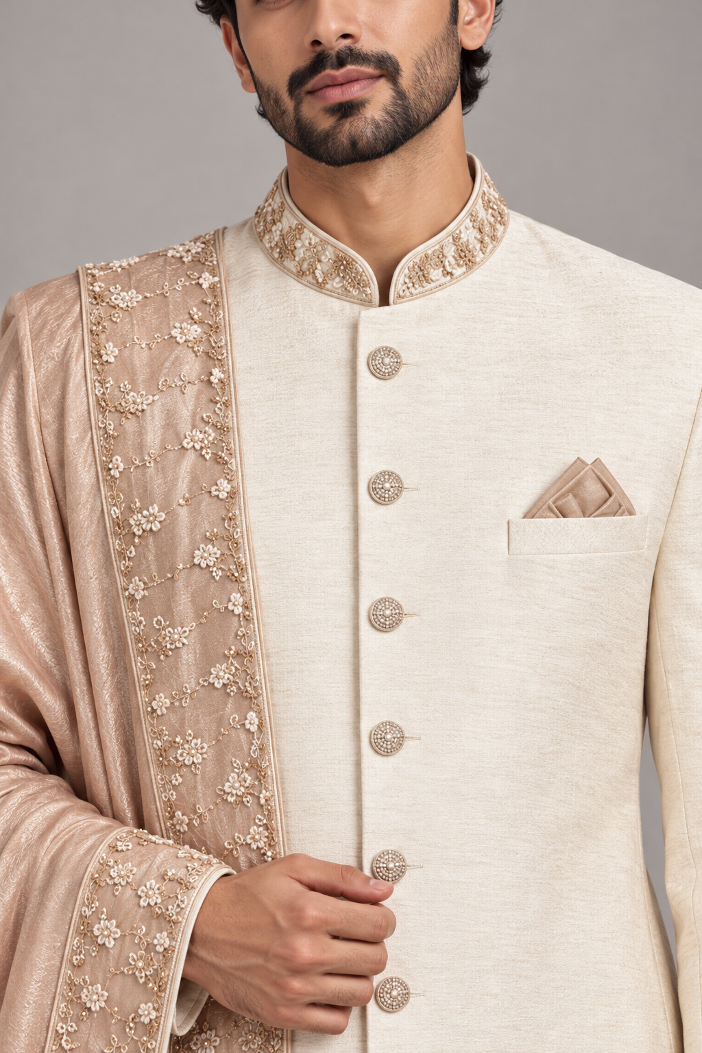Royal Ivory Sherwani with Blush Pink Shawl