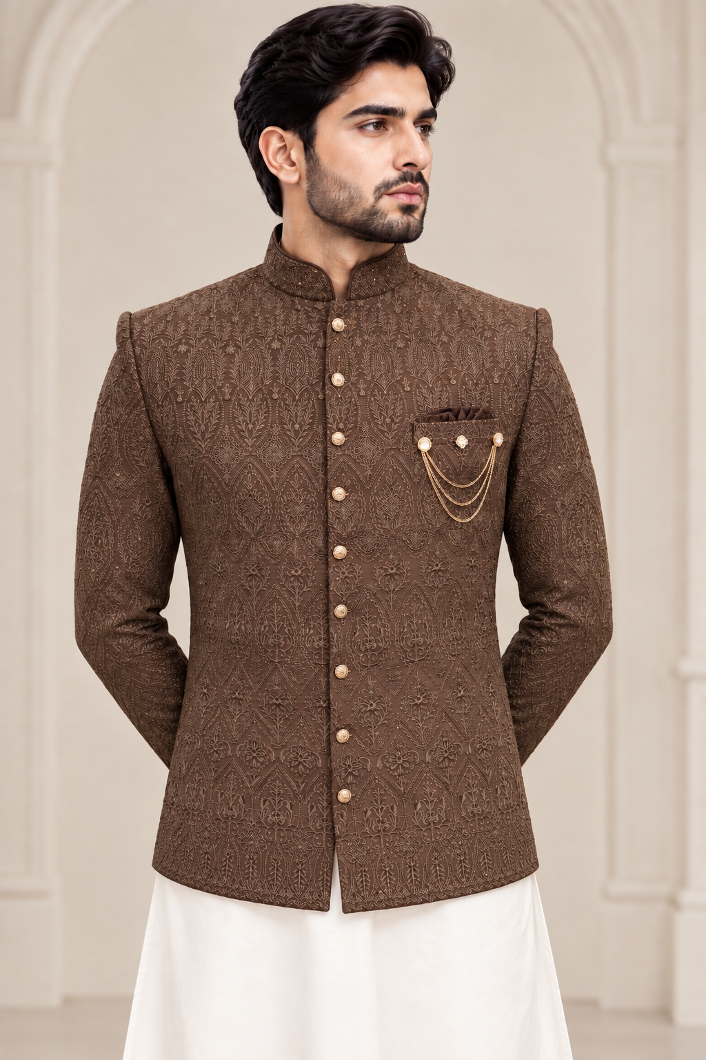 Chocolate Brown Embroidered Prince Coat