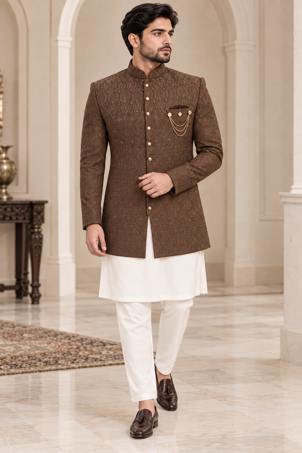 Chocolate Brown Embroidered Prince Coat