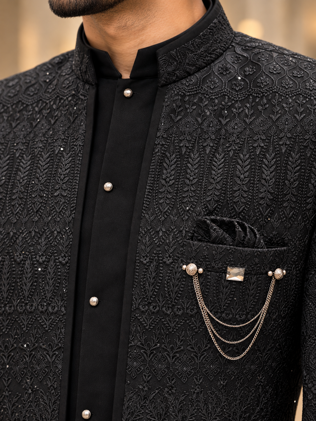 Luxury Black Open-Style Embroidered Sherwani Set