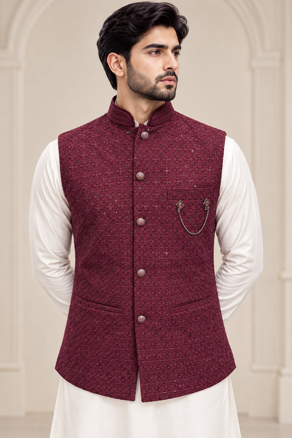 Burgundy Embroidered Men’s Waistcoat