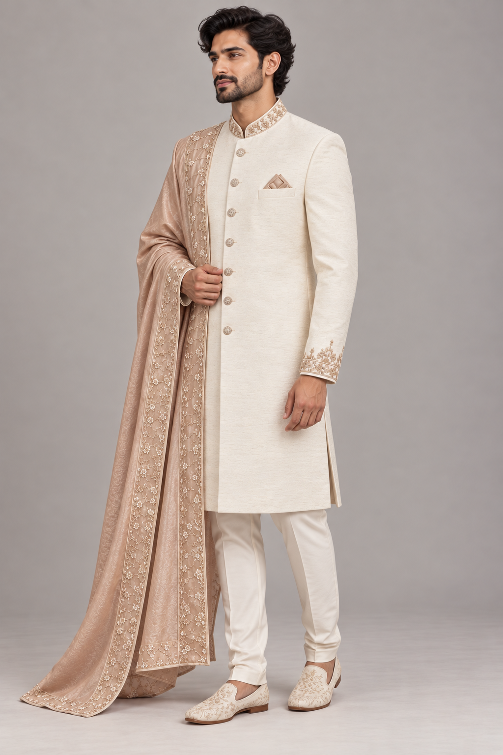 Royal Ivory Sherwani with Blush Pink Shawl