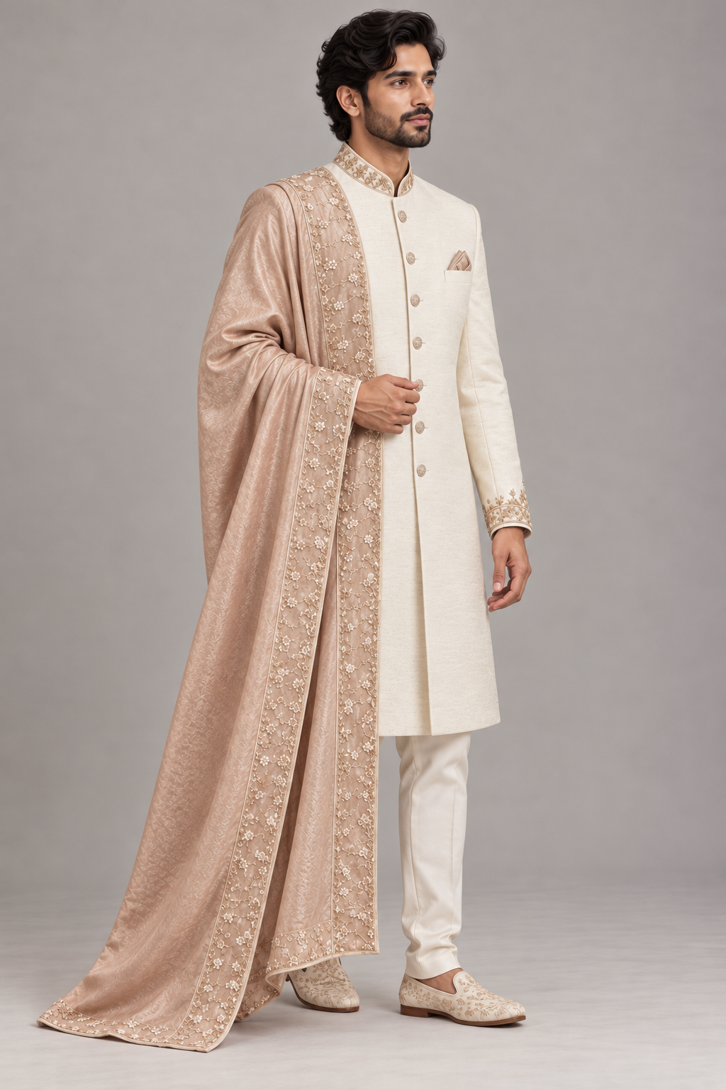 Royal Ivory Sherwani with Blush Pink Shawl