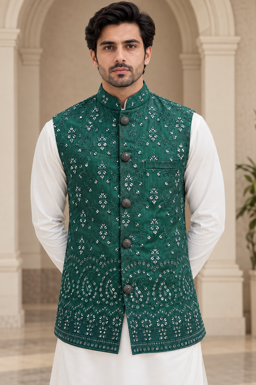 Emerald Green Embroidered Waistcoat