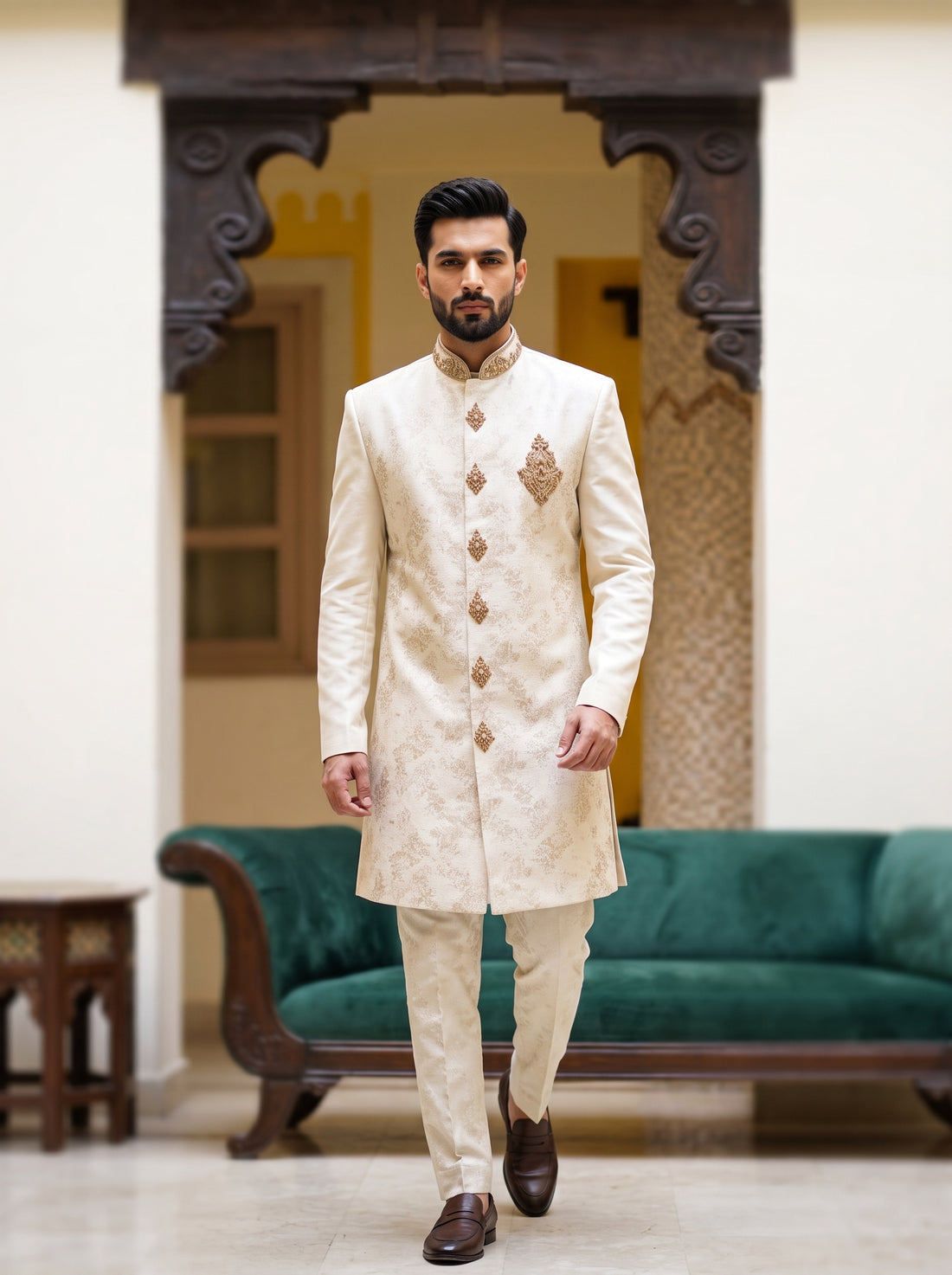 Ivory & Gold Embroidered Men’s Sherwani