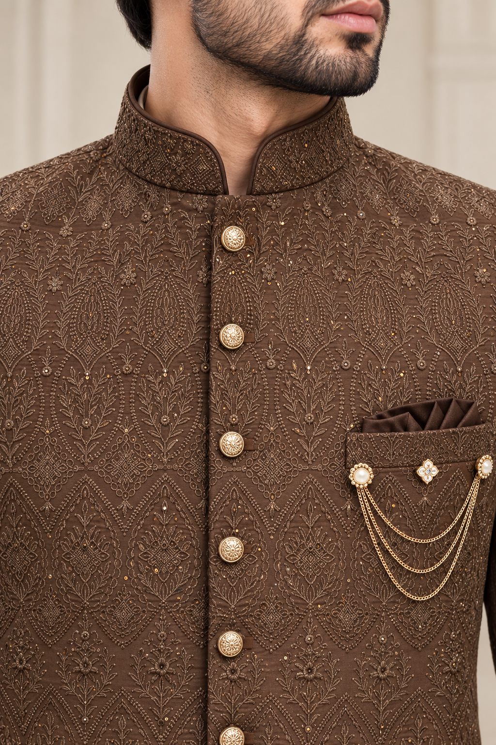 Chocolate Brown Embroidered Prince Coat