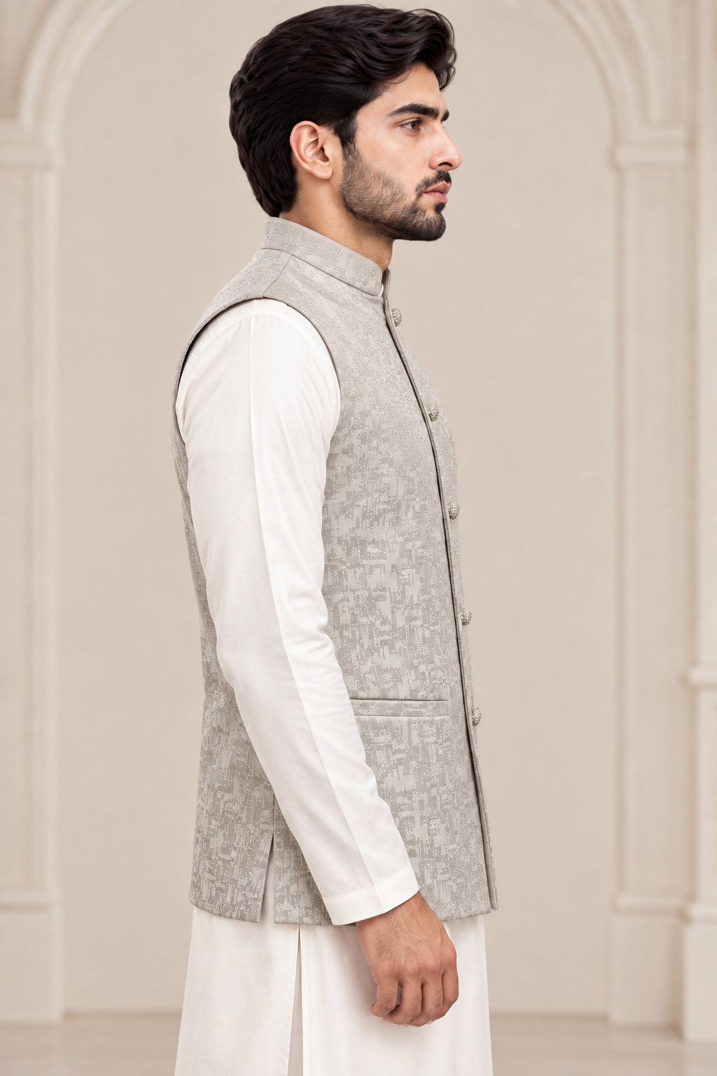 Silver Ivory Jacquard Men’s Waistcoat