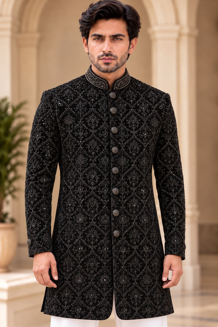 Luxury Highlighted Black Embroidered Sherwani