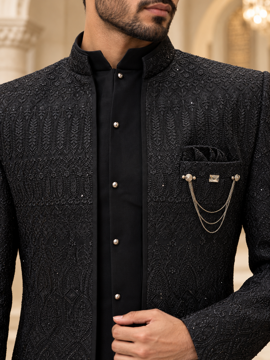 Luxury Black Open-Style Embroidered Sherwani Set