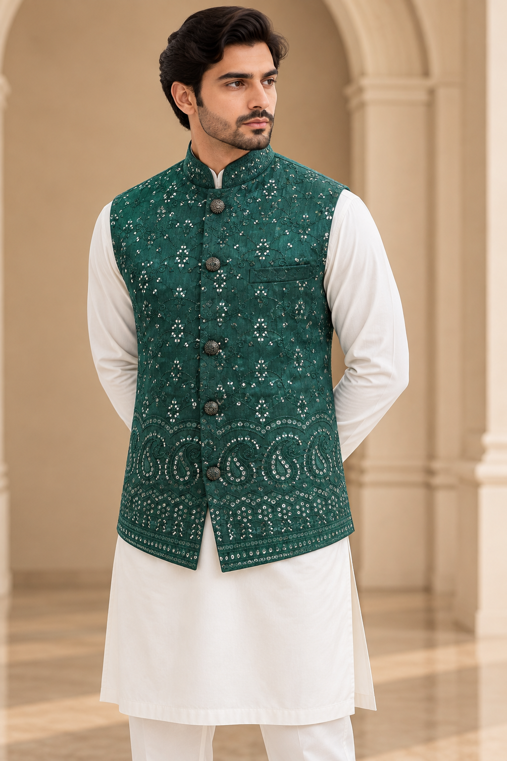Emerald Green Embroidered Waistcoat