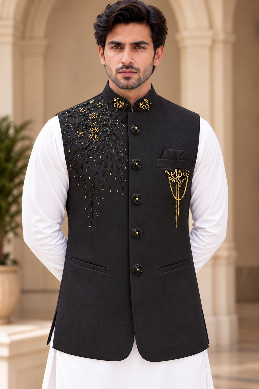 Royal Black & Gold Embellished Waistcoat