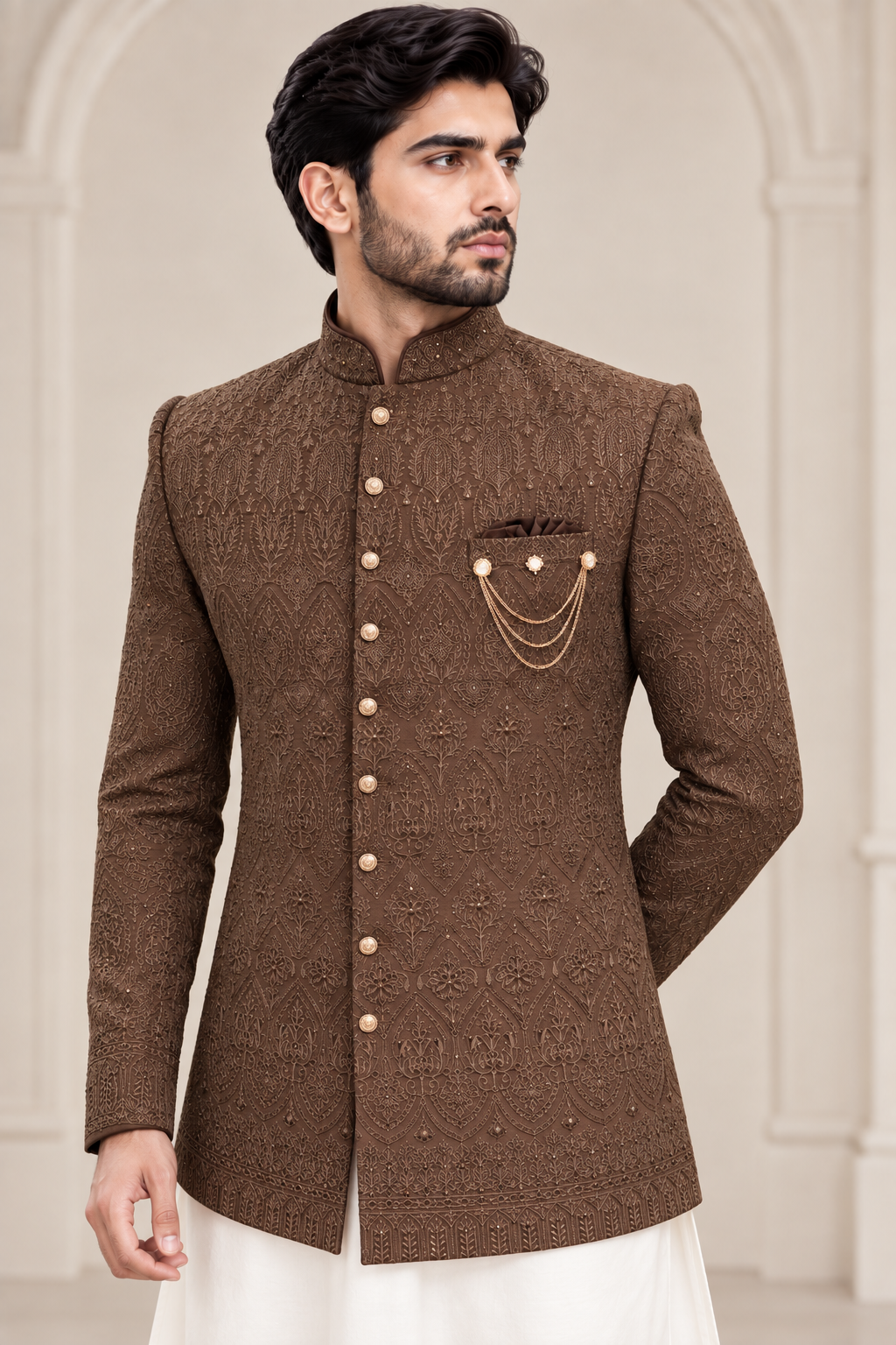 Chocolate Brown Embroidered Prince Coat