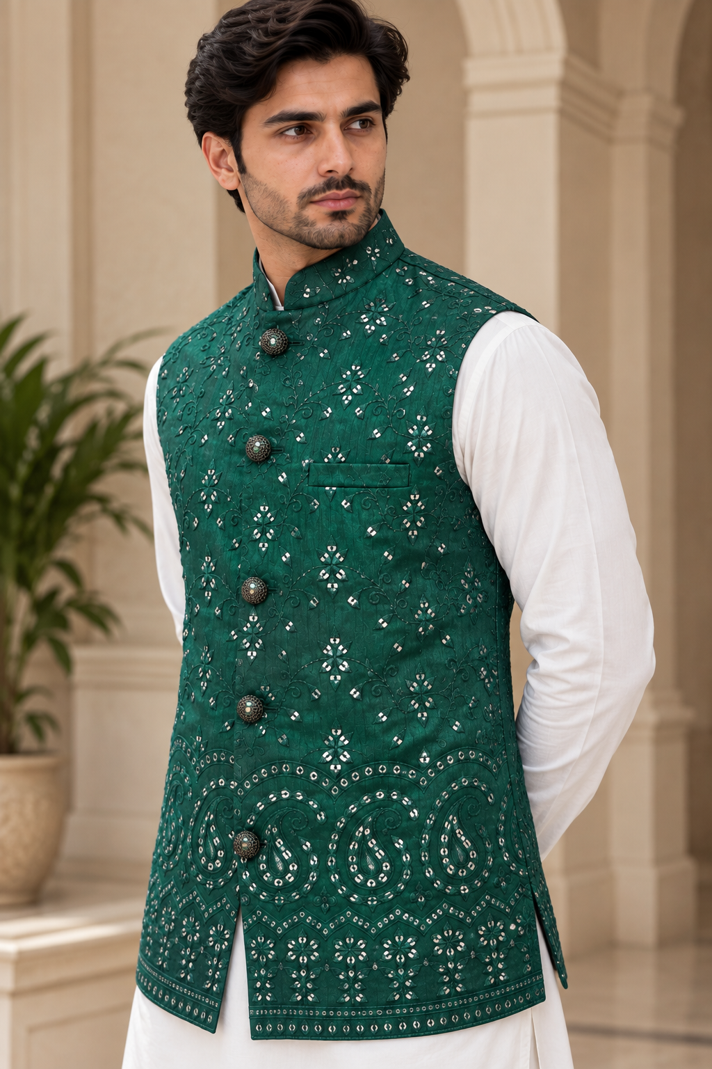 Emerald Green Embroidered Waistcoat