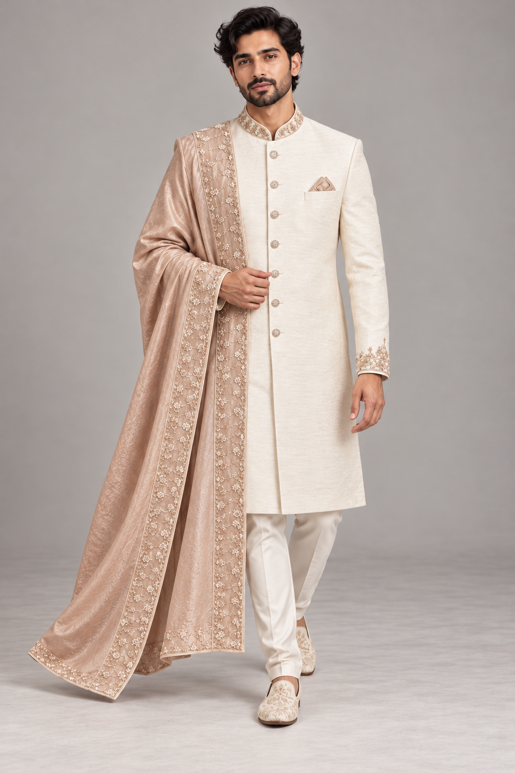 Royal Ivory Sherwani with Blush Pink Shawl