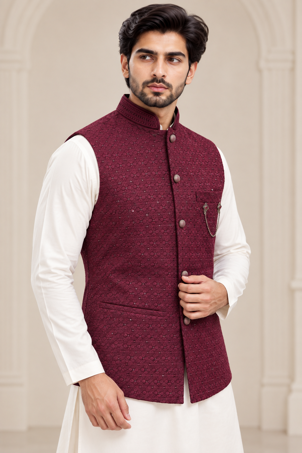 Burgundy Embroidered Men’s Waistcoat