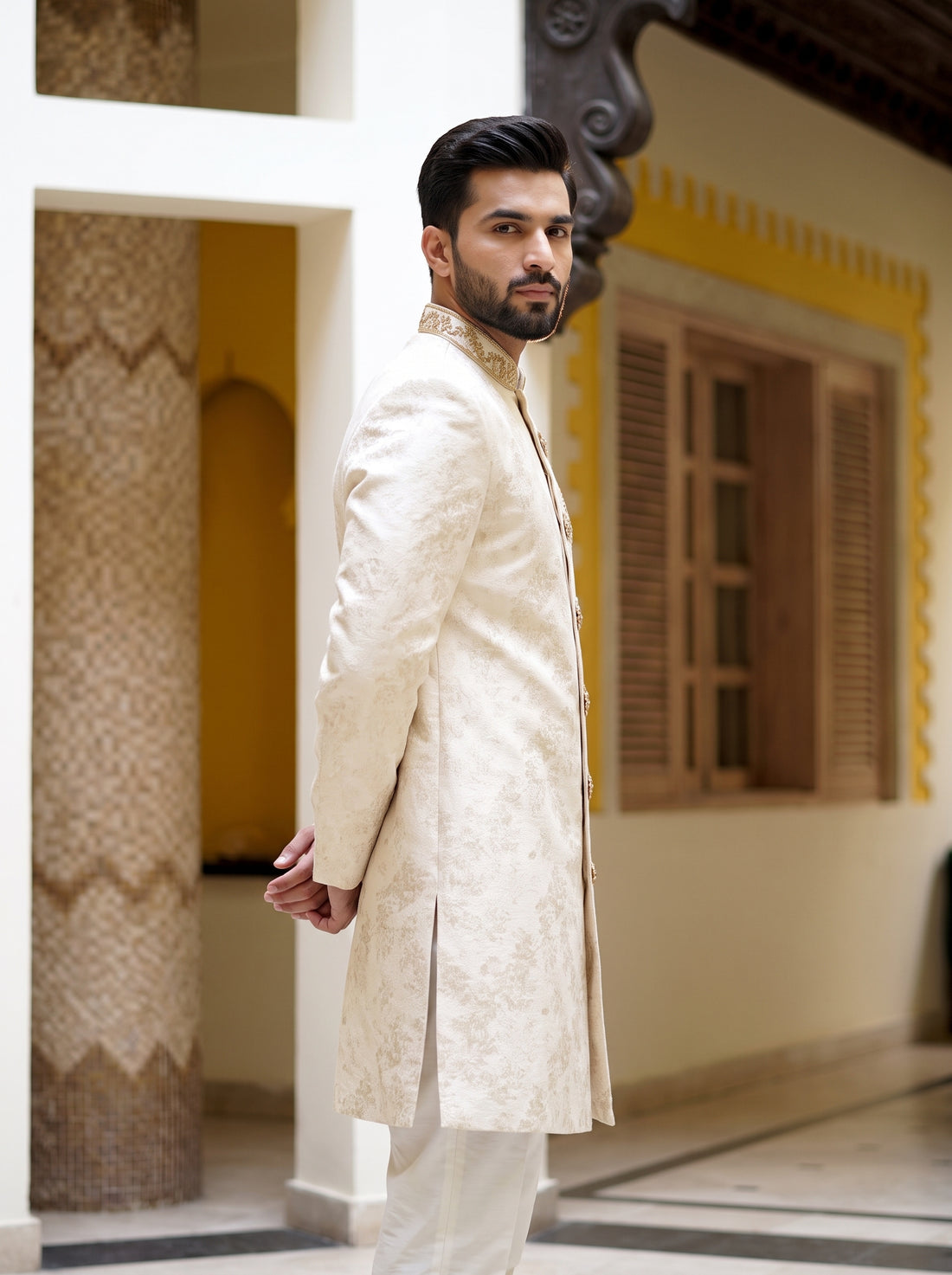 Ivory & Gold Embroidered Men’s Sherwani