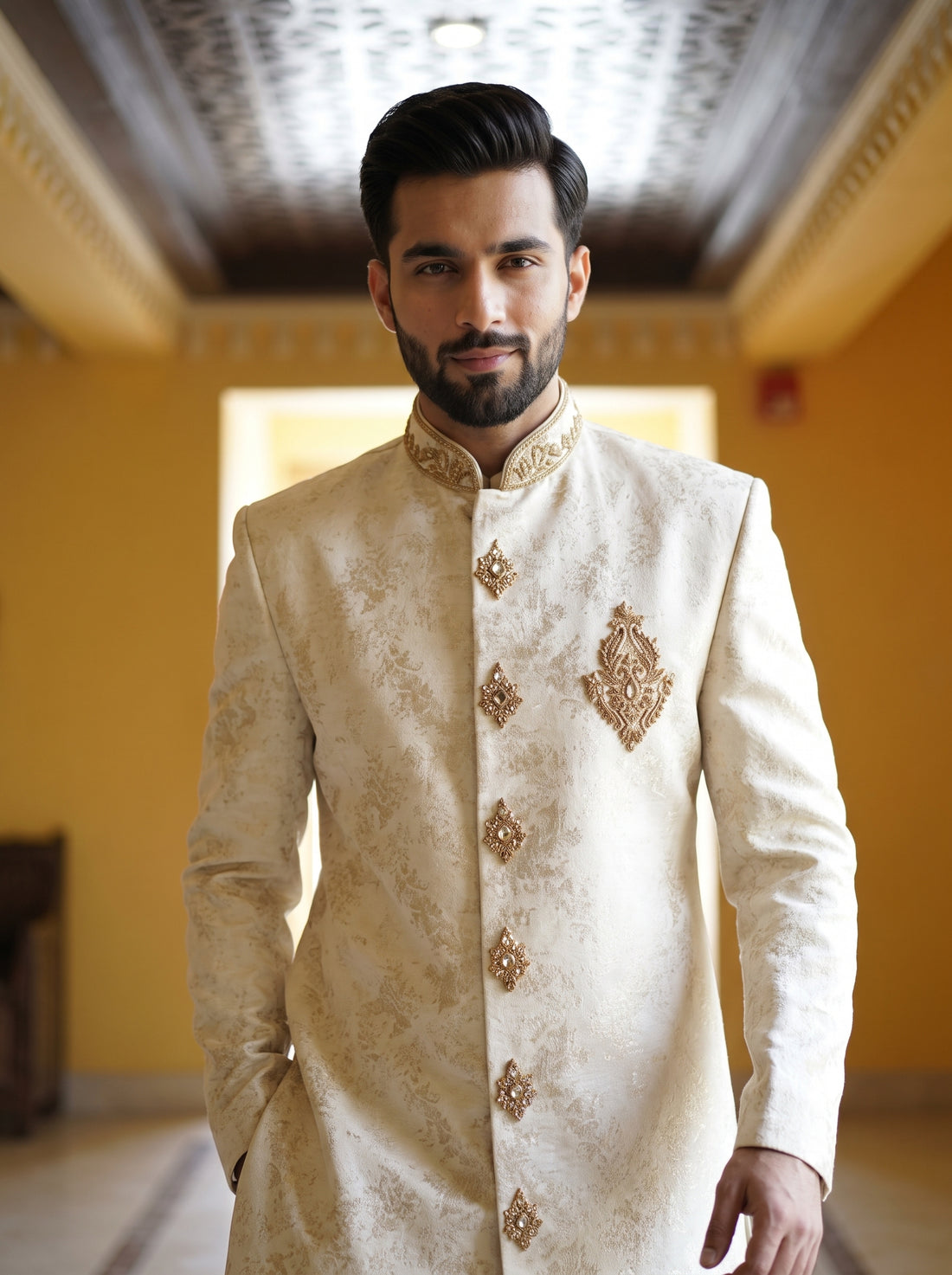 Ivory & Gold Embroidered Men’s Sherwani