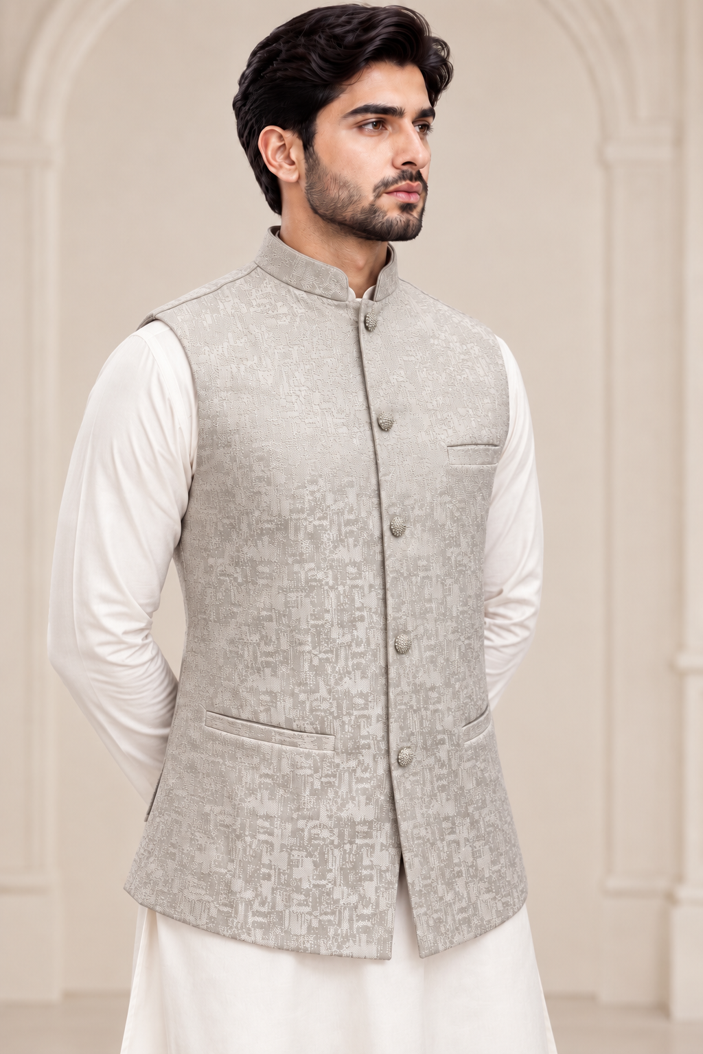 Silver Ivory Jacquard Men’s Waistcoat
