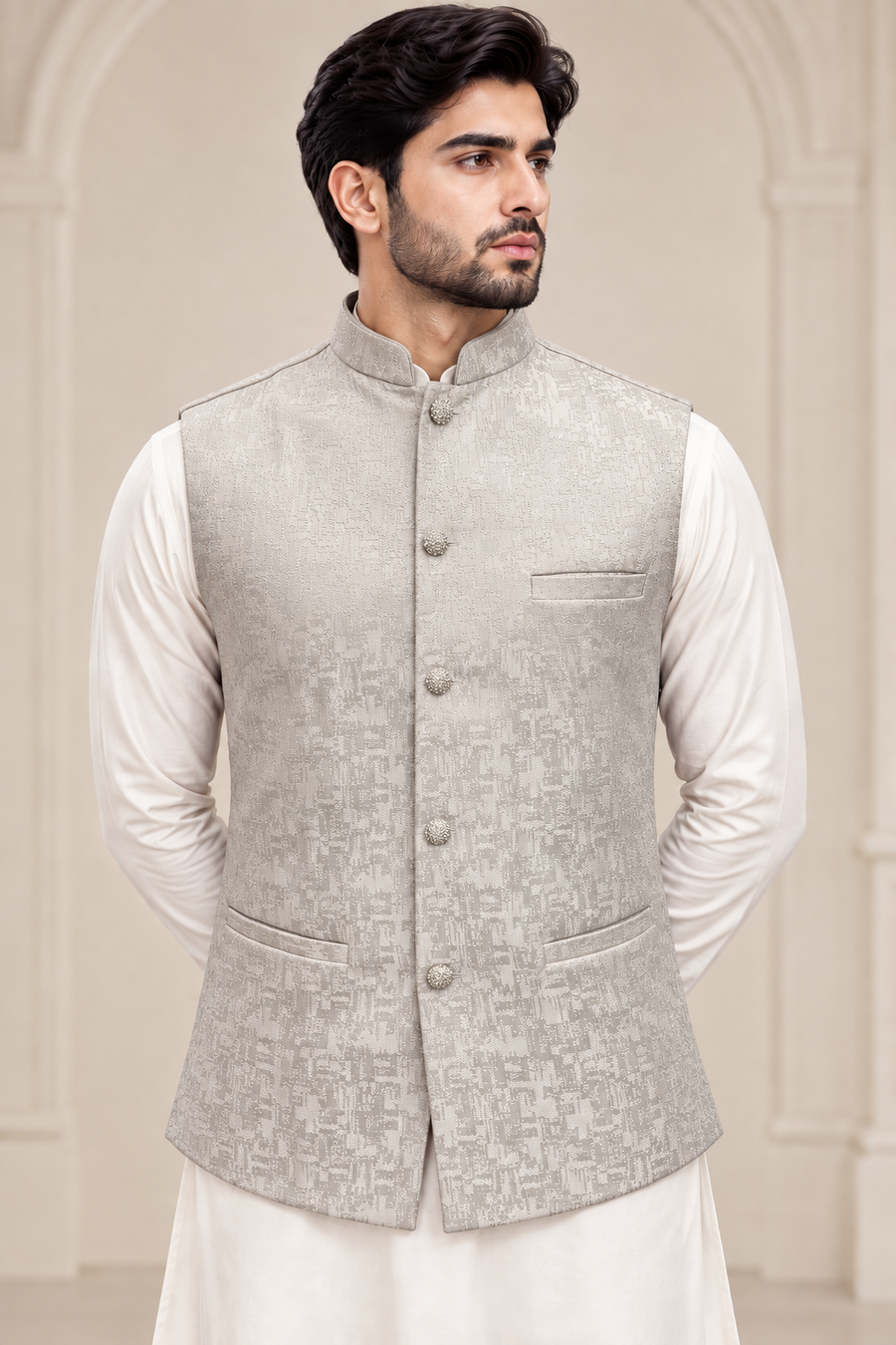 Silver Ivory Jacquard Men’s Waistcoat