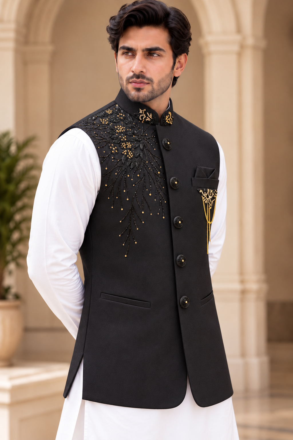 Royal Black & Gold Embellished Waistcoat