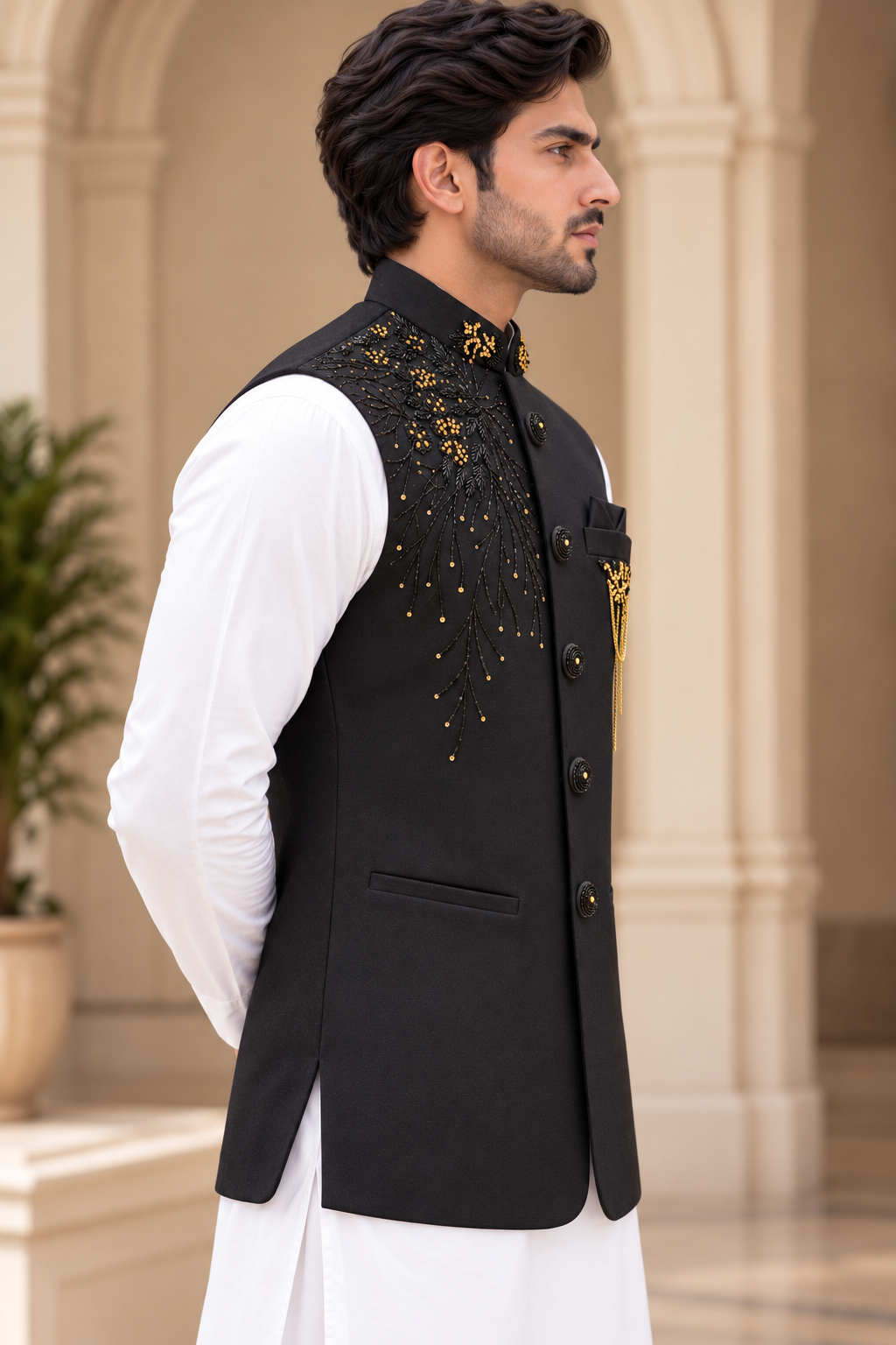 Royal Black & Gold Embellished Waistcoat