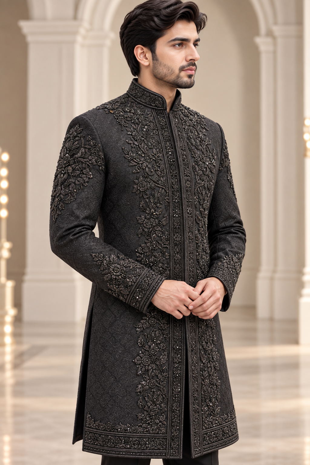 Regal Black Hand Embellished Sherwani
