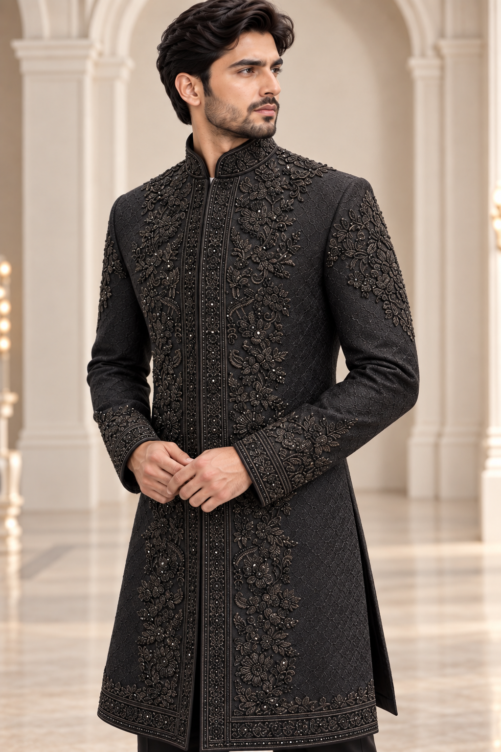 Regal Black Hand Embellished Sherwani
