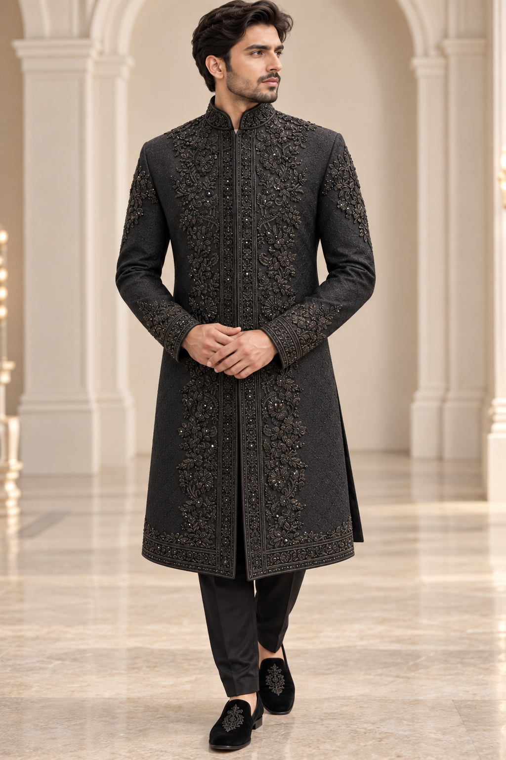 Regal Black Hand Embellished Sherwani