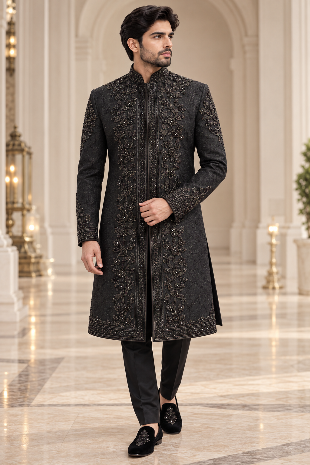 Regal Black Hand Embellished Sherwani