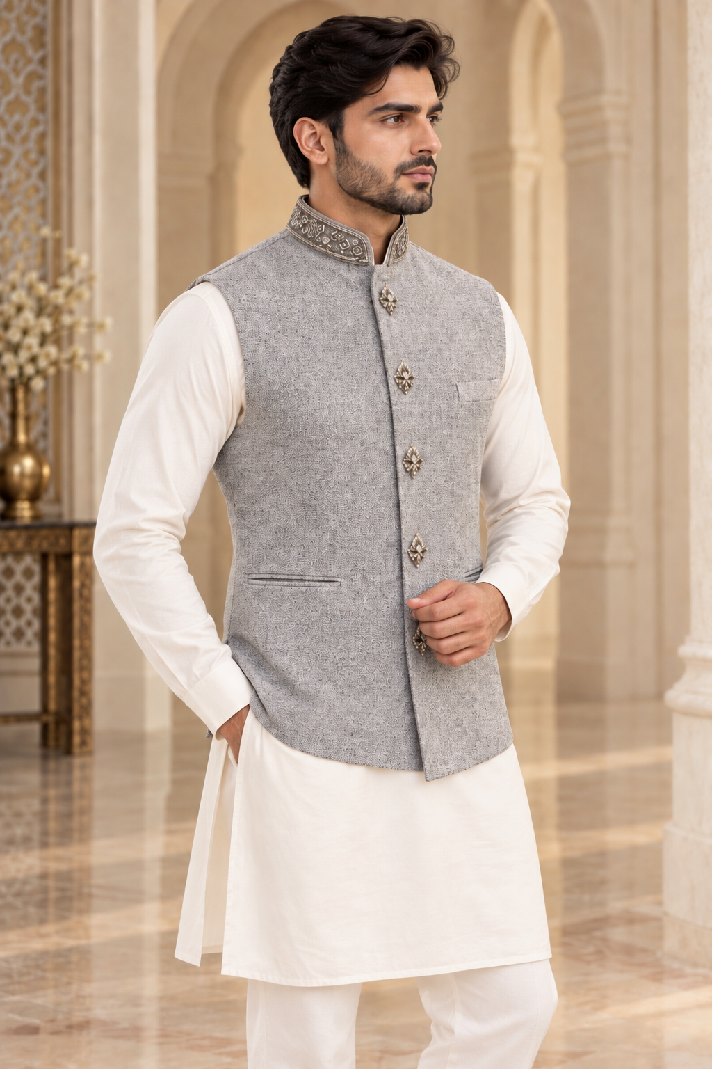 Luxury Silver Embellished Waistcoat