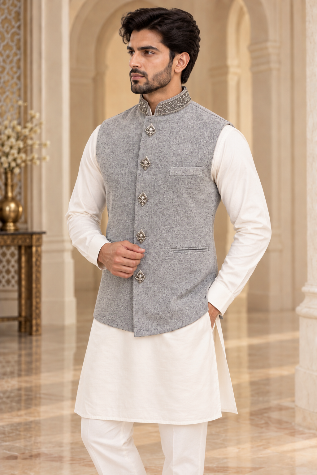 Luxury Silver Embellished Waistcoat