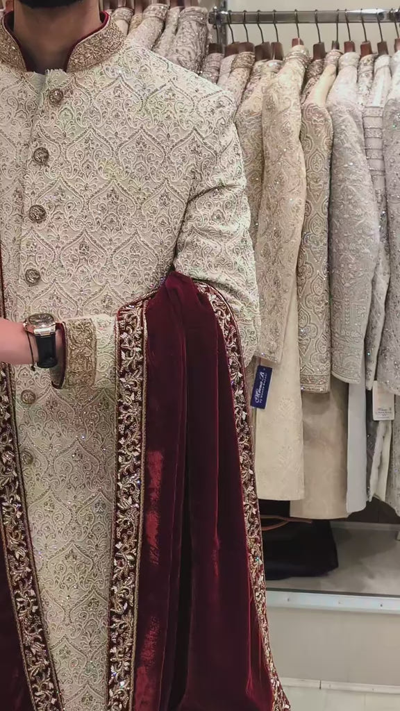 Royal Ivory Embroidered Sherwani & Burgundy Velvet Shawl