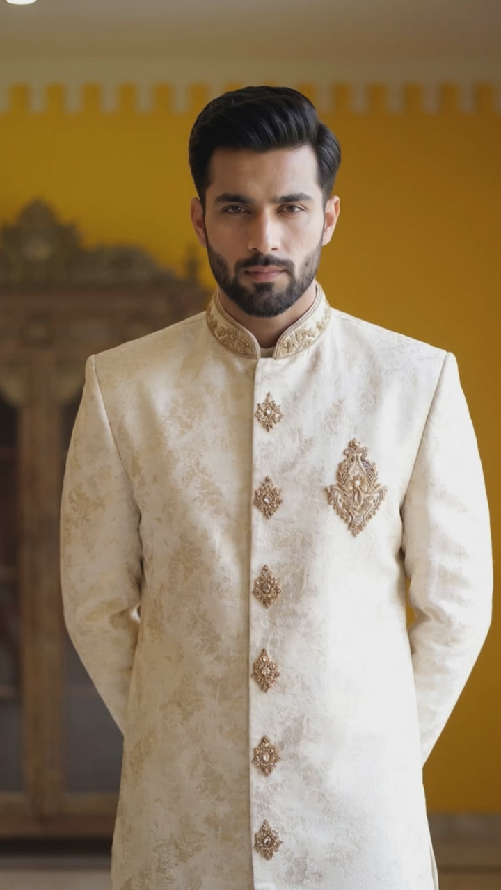 Ivory & Gold Embroidered Men’s Sherwani