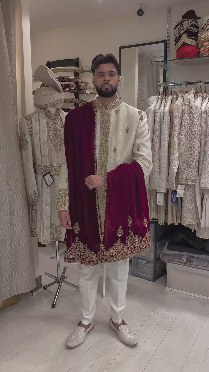 Cream Embroidered Sherwani Set
