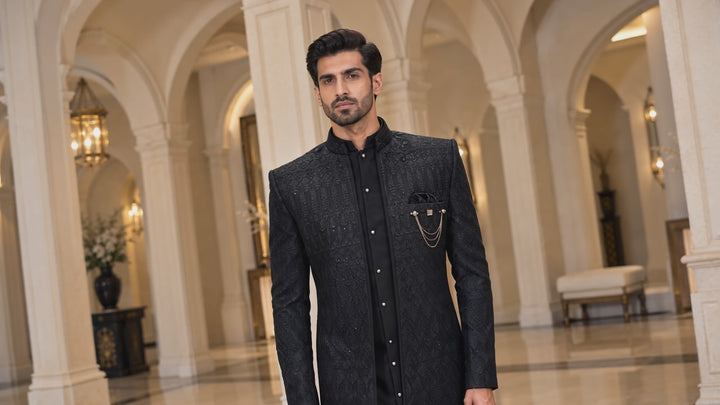 Luxury Black Open-Style Embroidered Sherwani Set