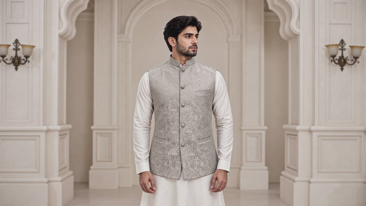 Silver Ivory Jacquard Men’s Waistcoat