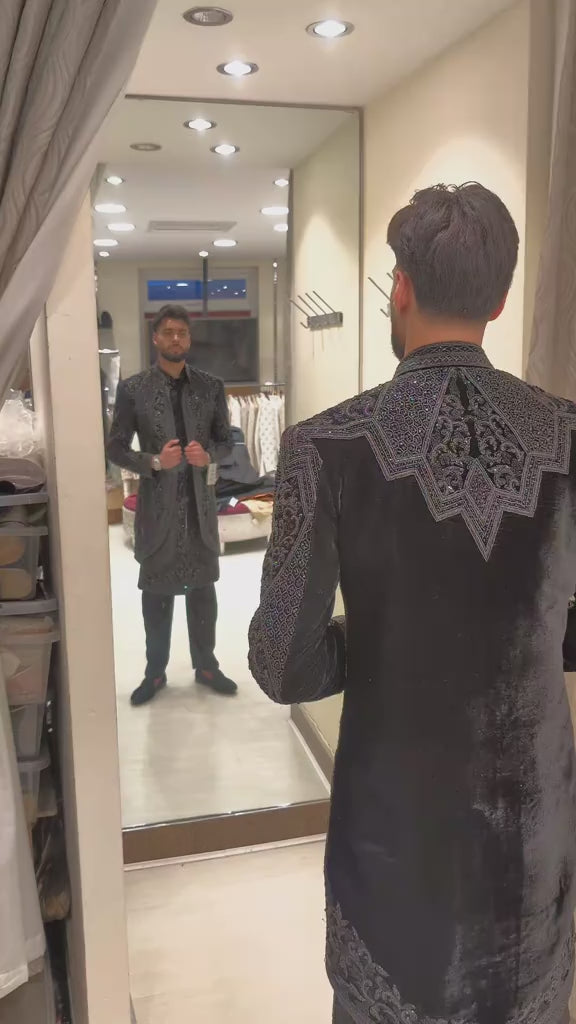 Luxury Black Embroidered Double Jacket Sherwani
